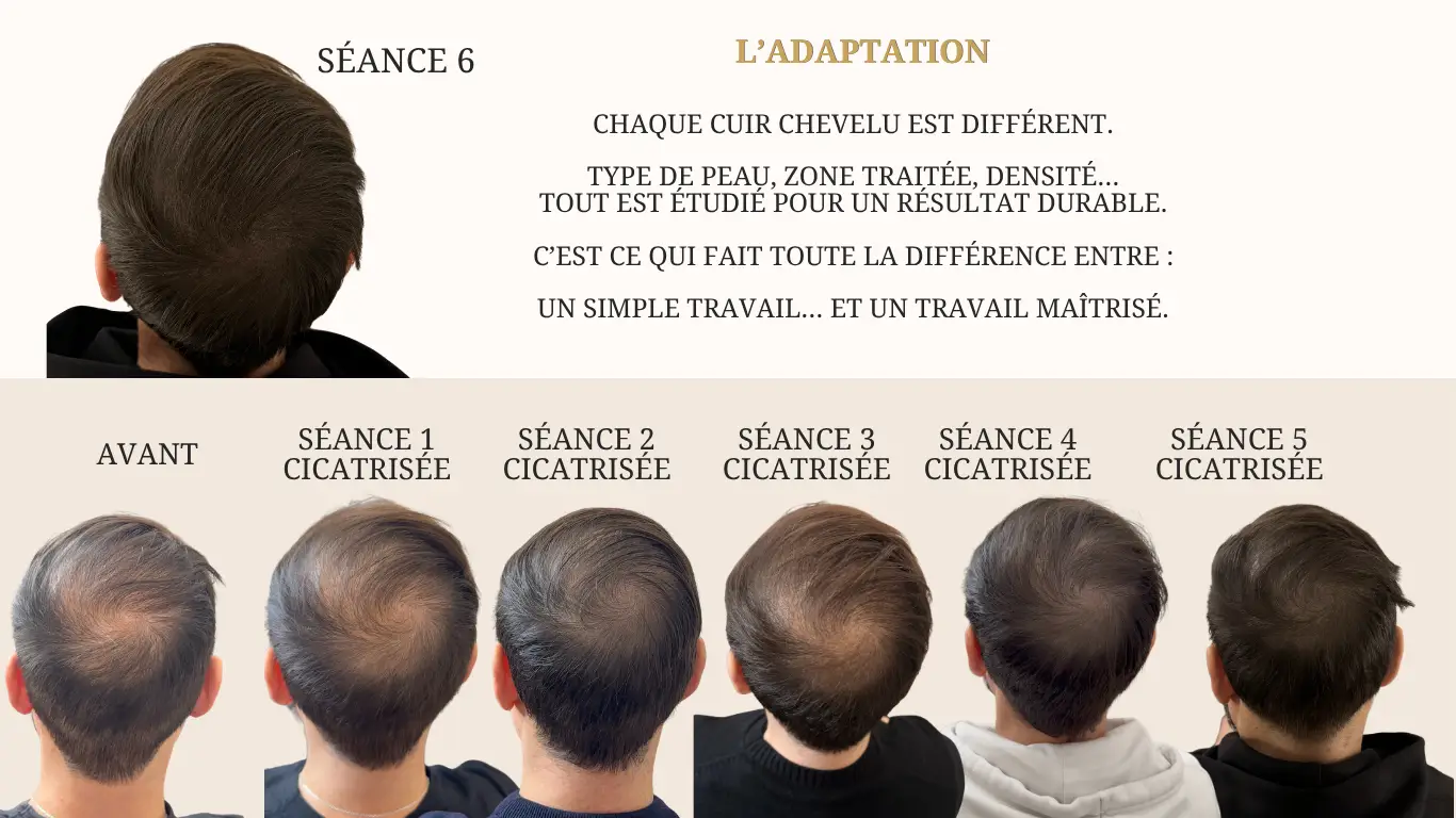 Progression réelle d'un effet densité homme : avant, puis séances 1 à 5 cicatrisées et séance 6